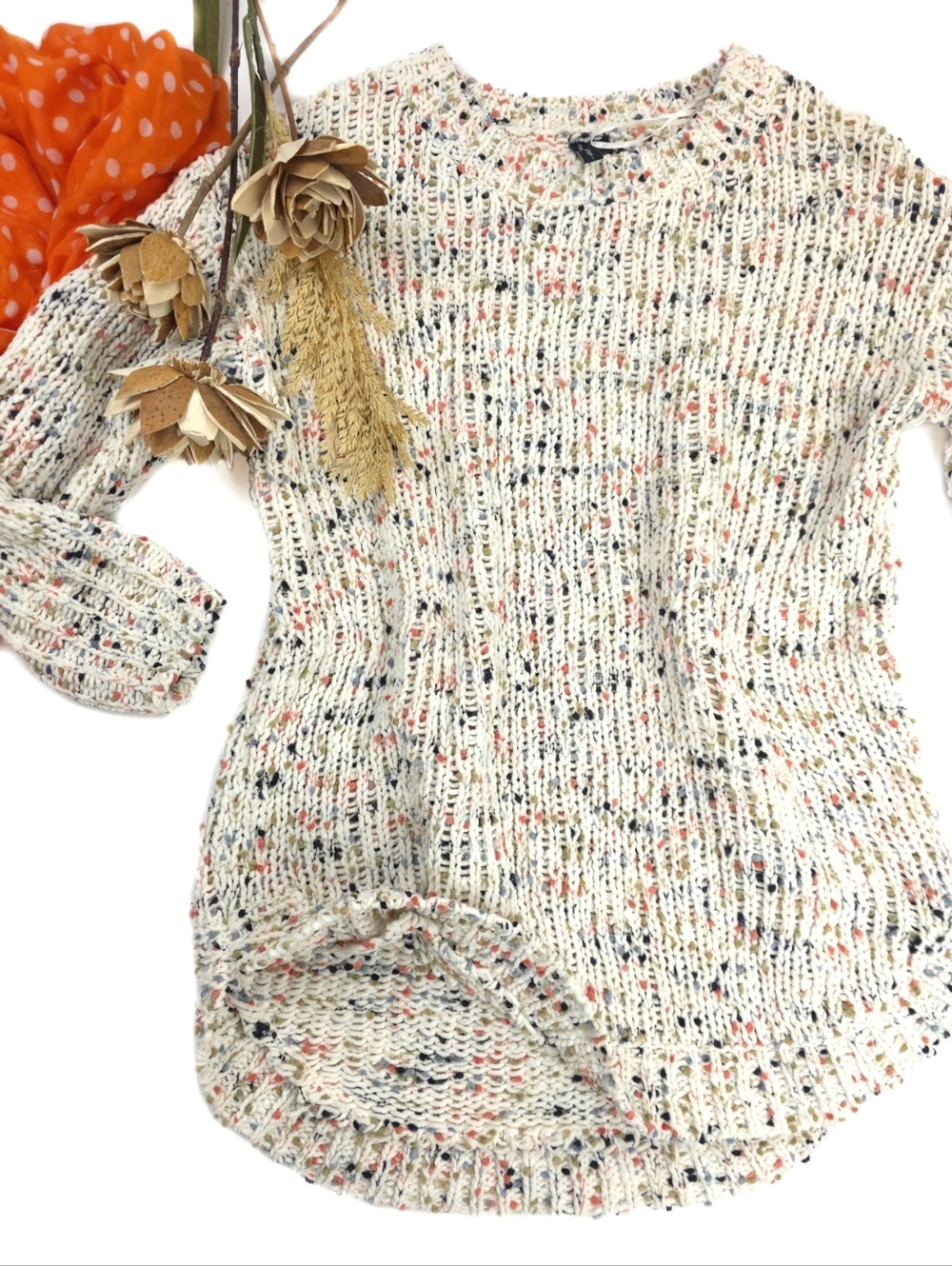 Moon & Madison  Cream Speckled Knit Sweater  Women's Crewneck Long Tunic Style S